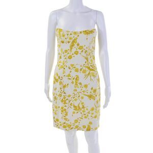 Wes Gordon Womens Zip Up Strapless Floral Bird Printed Dress White Yellow Size 6